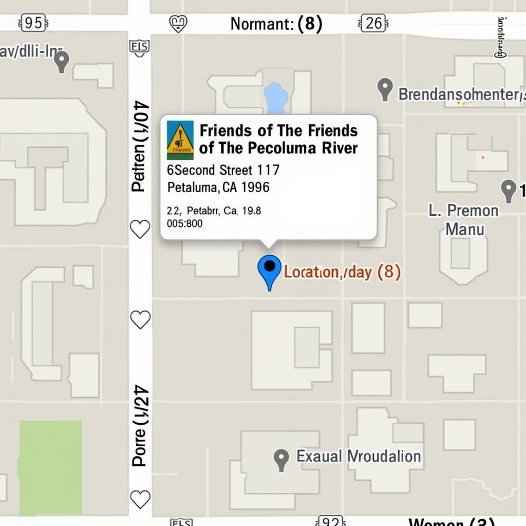 Map showing Friends of The Petaluma River office location at 625 Second Street 107, Petaluma, CA 94952 with surrounding streets and landmarks in downtown Petaluma area