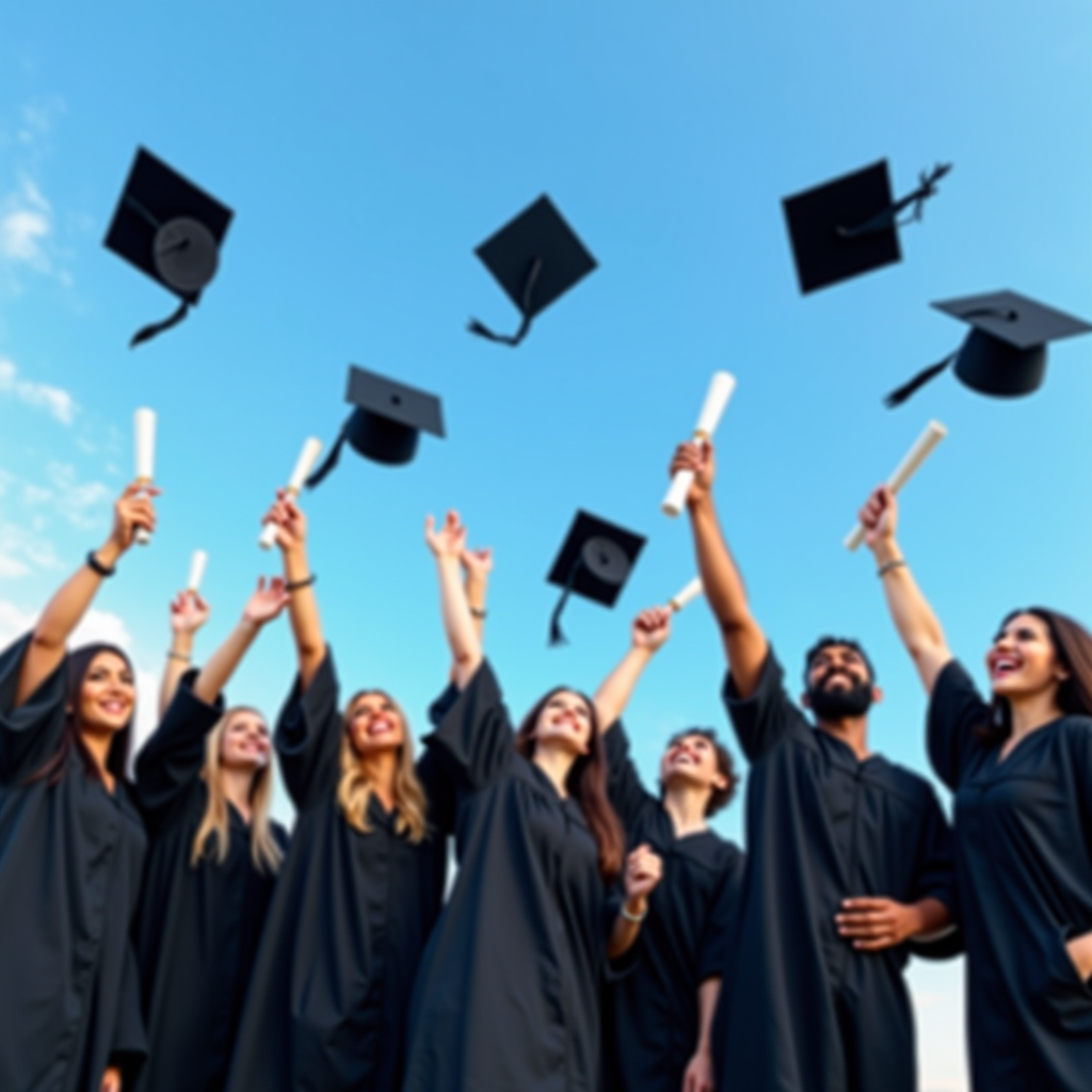 Diverse group of happy students in graduation caps and gowns celebrating their academic achievement, holding diplomas and throwing caps in the air against a bright blue sky