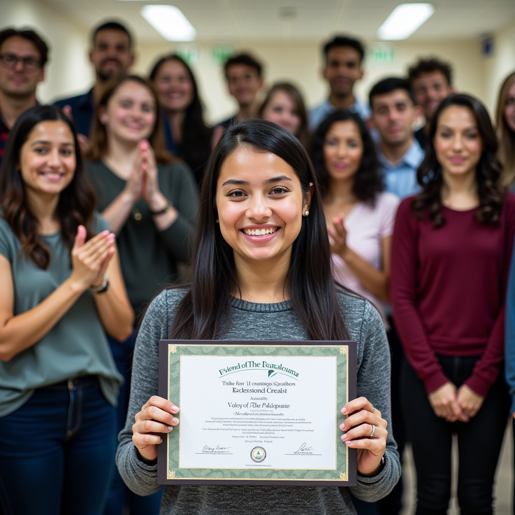 Maria Rodriguez receiving scholarship award from Friends of The Petaluma committee chair, standing in front of Petaluma High School with certificate in hand, smiling proudly, surrounded by teachers and committee members applauding