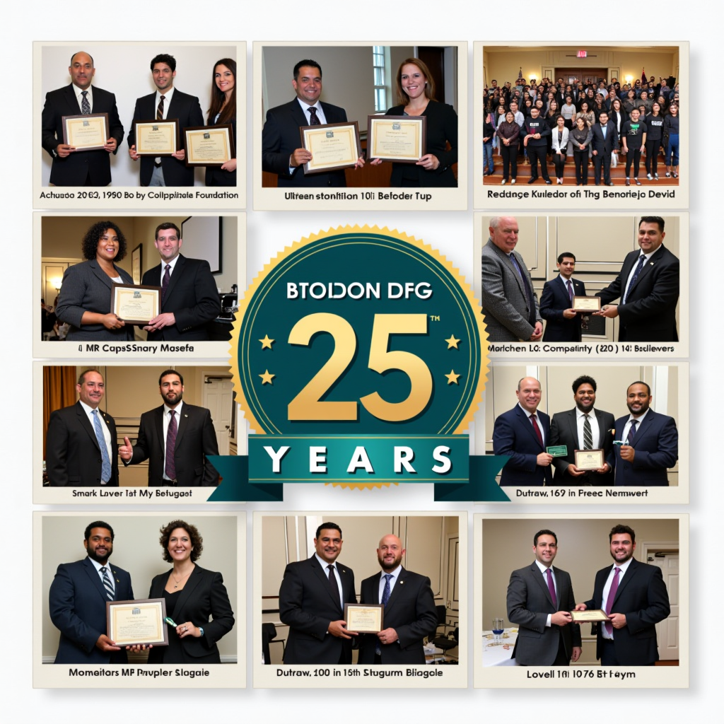 Collage showing the evolution of Friends of The Petaluma over 25 years, featuring archival photos from the foundation's early days in 2000, scholarship recipients at graduation ceremonies, community events, and modern-day award presentations, with a prominent '25 Years' anniversary emblem in gold and teal colors