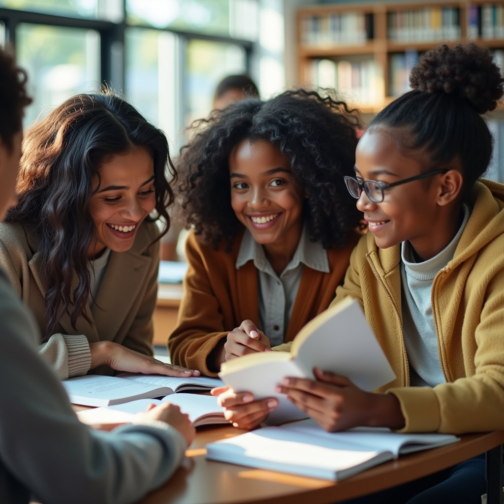 Diverse group of students studying together in a bright library with books and laptops, showing collaboration and support with warm natural lighting creating a hopeful atmosphere