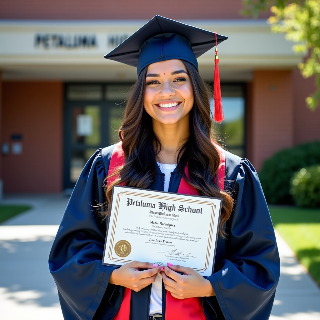 Maria Rodriguez, a smiling high school senior in graduation cap and gown, holding scholarship certificate in front of Petaluma High School, surrounded by books and environmental science materials, bright natural lighting, professional portrait photography