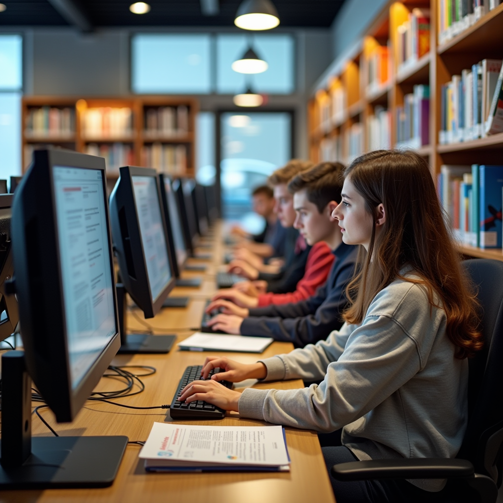 Modern resource library with students using computers and browsing educational materials, college preparation guides, and scholarship databases in a well-lit study space